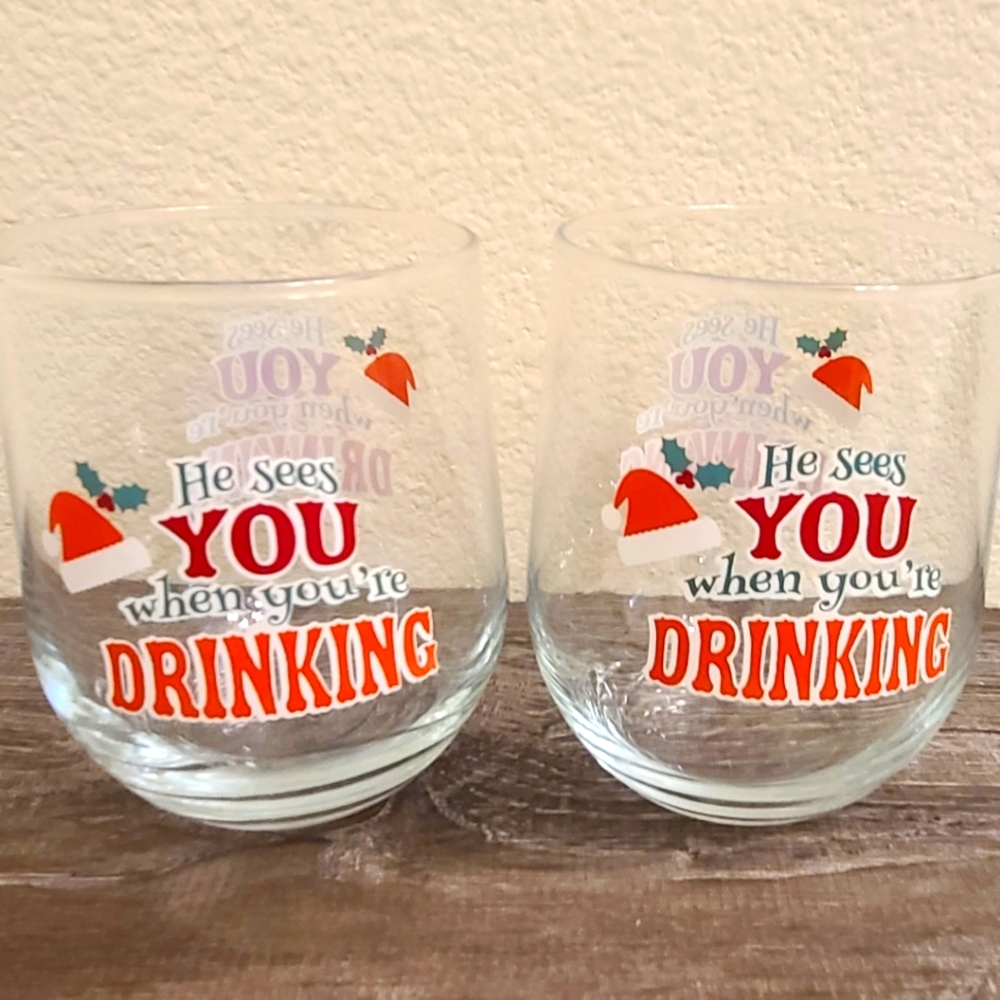2 Holiday stemless wine glasses